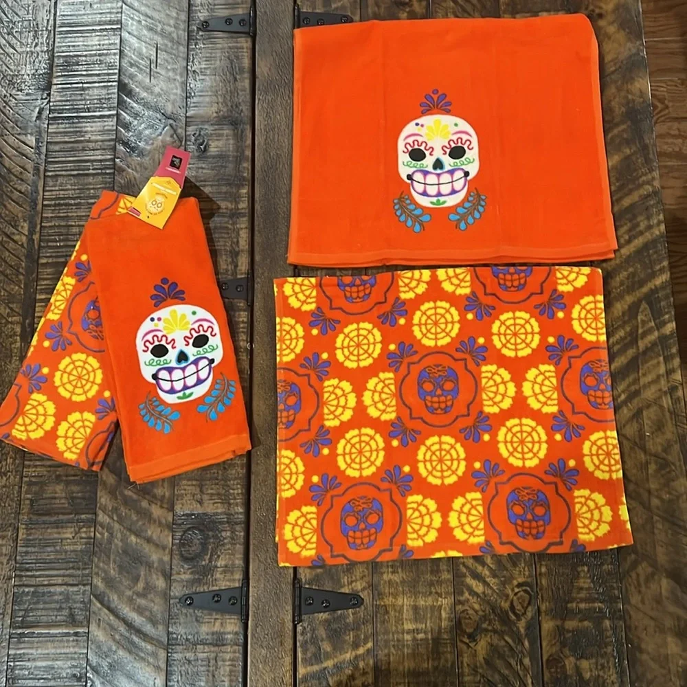 Halloween Orange Sugar Skull Kitchen Towels set